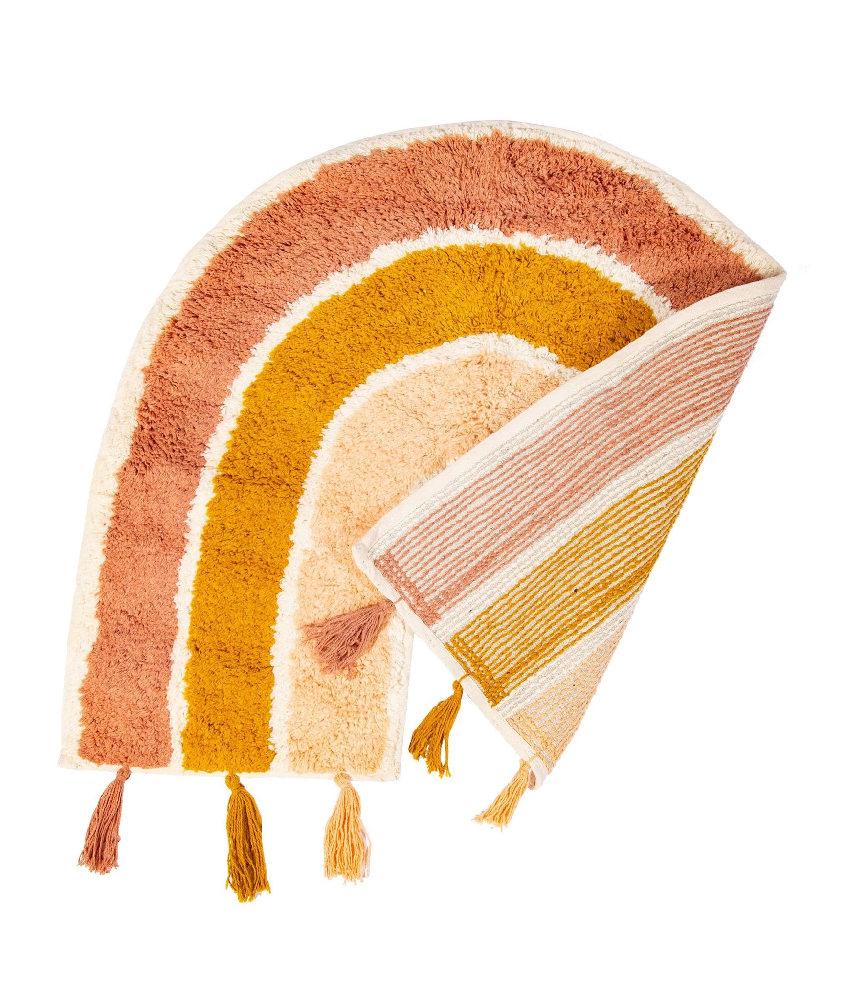 Regenboog vloerkleed in aardetinten met tassels Regenboog speelkleed bestellen